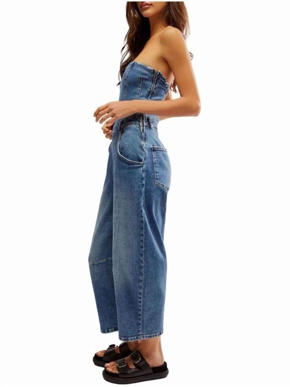 We The Free Strapless Denim Wide-Leg Jumpsuit in Blue